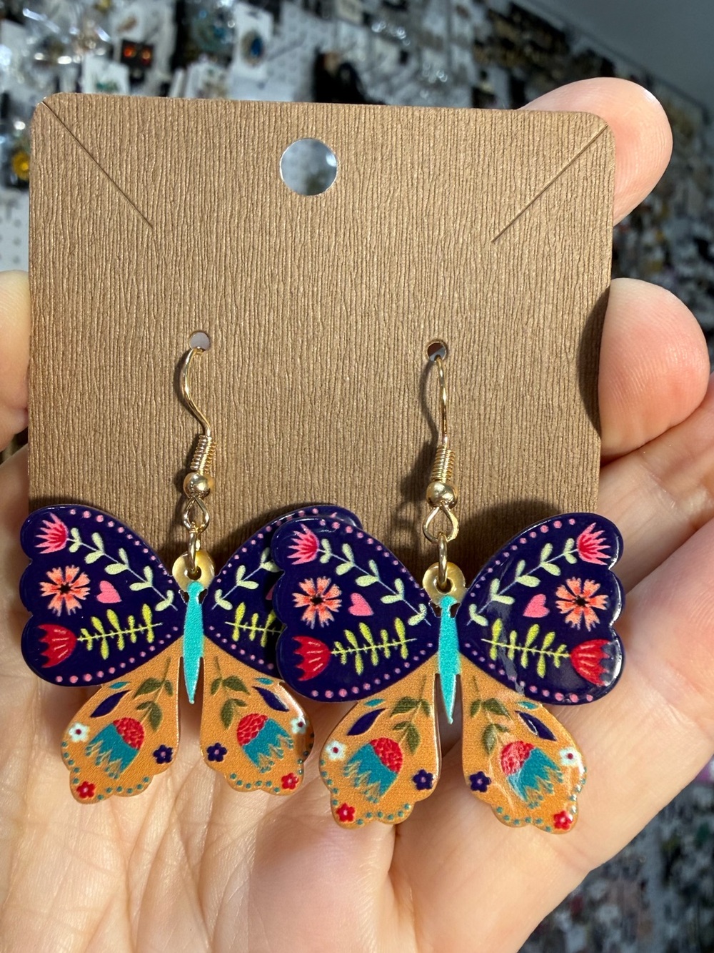 Hand-Painted Floral Butterfly Dangle Earrings - Navy & Tan